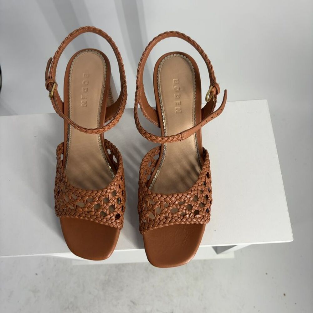 Boden Woven Leather Ankle-Strap Sandals in Cognac Brown